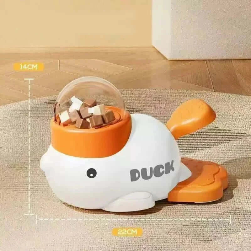 White duck automatic pet feeder for cats and dogs, orange plastic interactive food dispenser with clear dome, 22cm