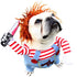 French Bulldog wearing a funny striped dog costume with red wig and faux knife accessory.