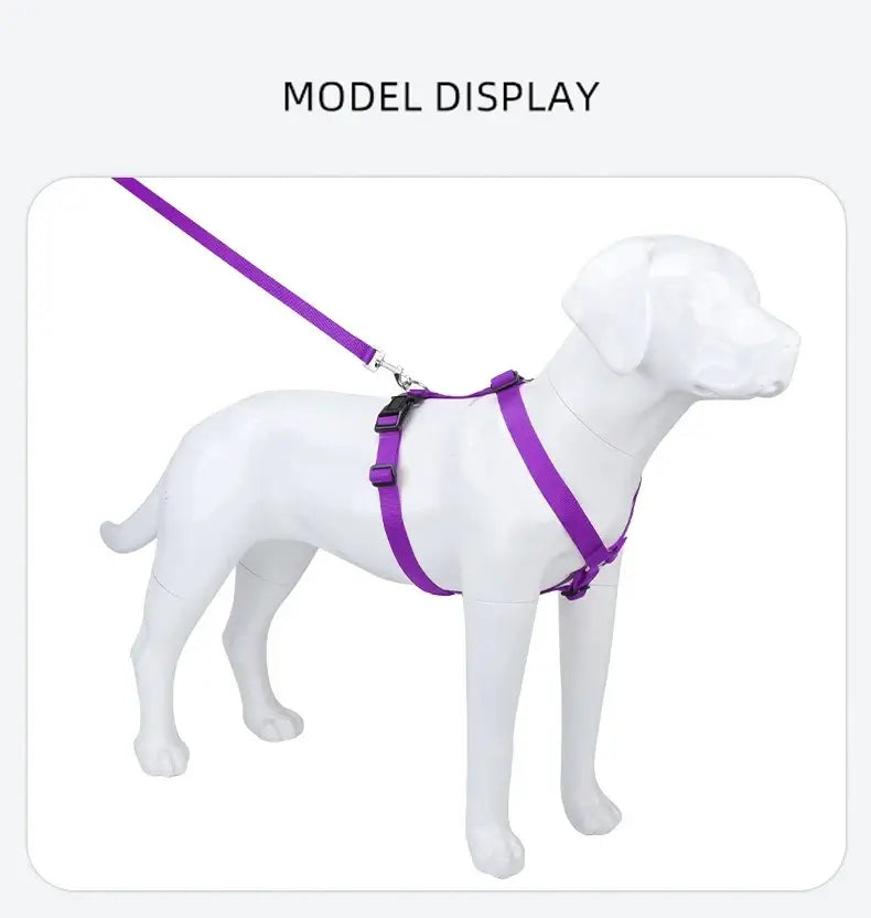 adjustable dog harness purple H-shaped nylon harness on dog mannequin for walking, travel, and daily use