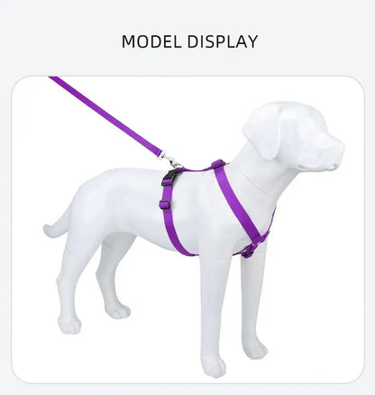 adjustable dog harness purple H-shaped nylon harness on dog mannequin for walking, travel, and daily use