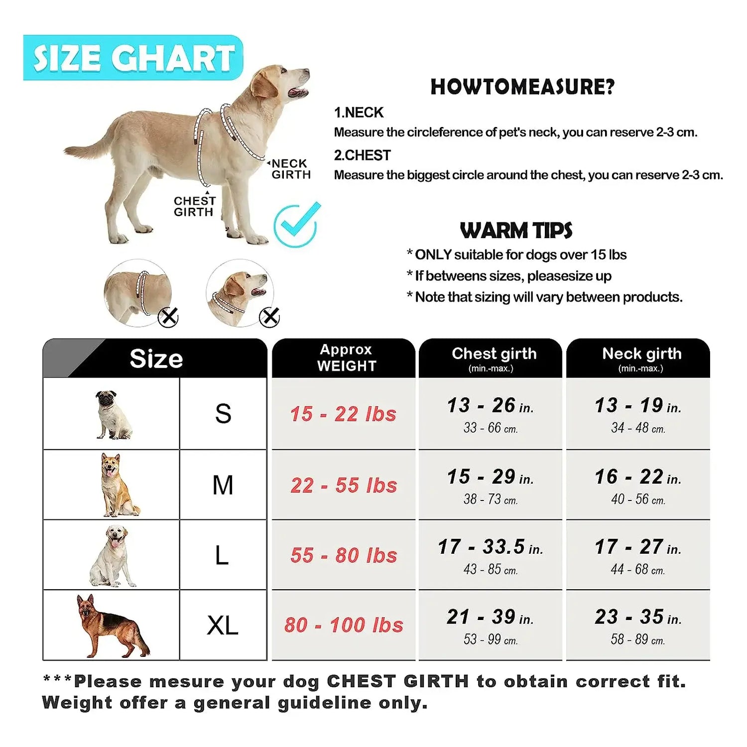 Dog harness size chart for escape proof no pull dog harness and leash combo, adjustable vest fit guide