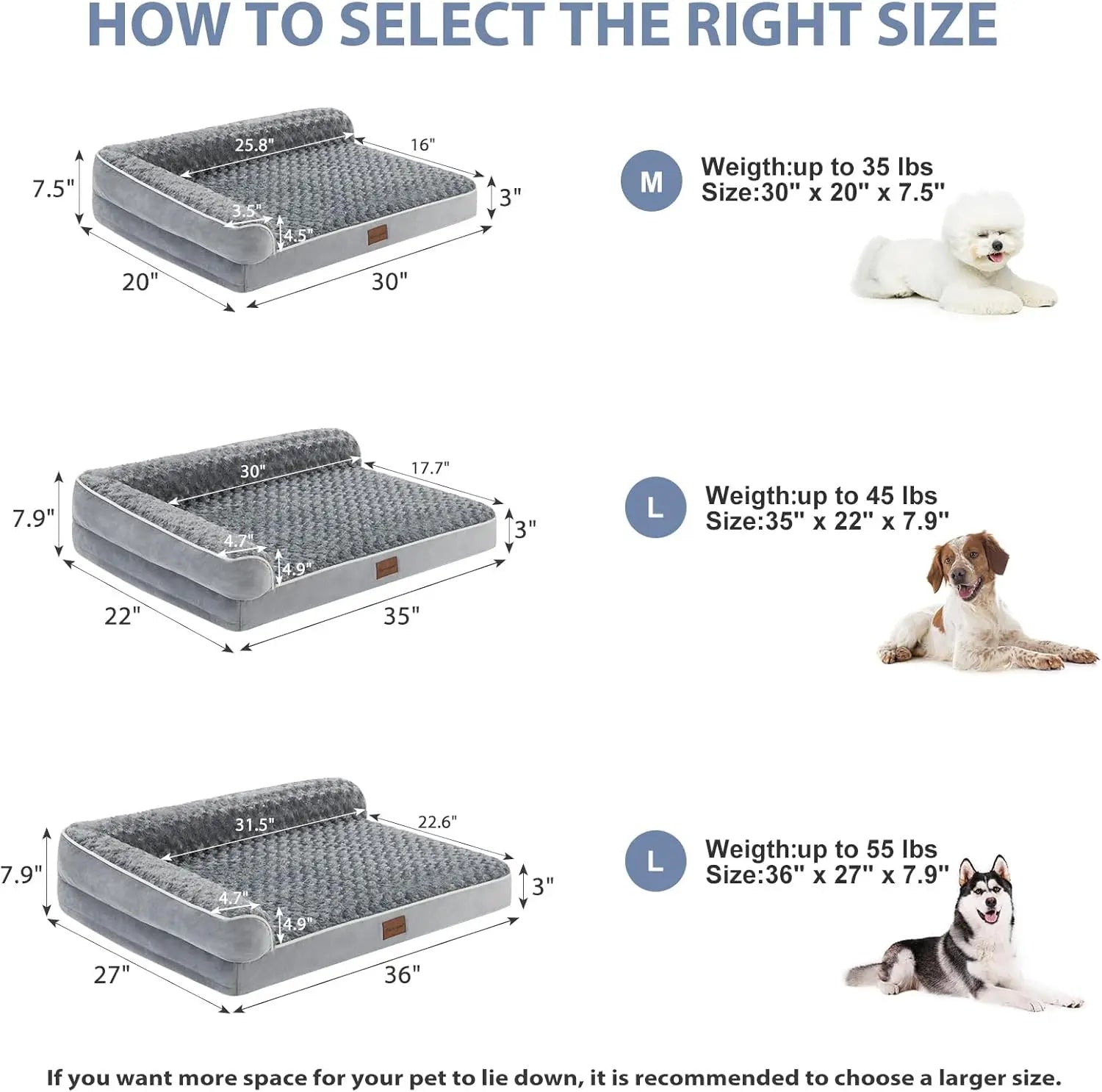 orthopedic dog bed for large dogs size guide showing 30x20, 35x22, and 36x27 options for pets up to 55 lbs