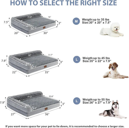 orthopedic dog bed for large dogs size guide showing 30x20, 35x22, and 36x27 options for pets up to 55 lbs