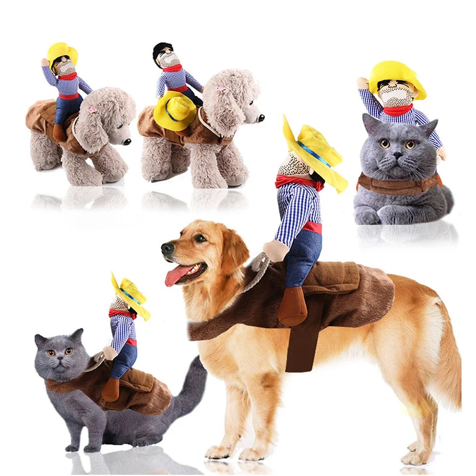Dog and cat wearing cowboy rider costume pet accessory with plush saddle and doll