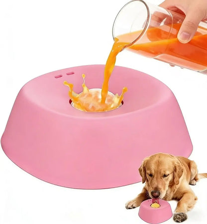 Pink slow feeder dog bowl with non-slip base and lick toy, 3/4 cup for broth, yogurt, ice cream, for dogs