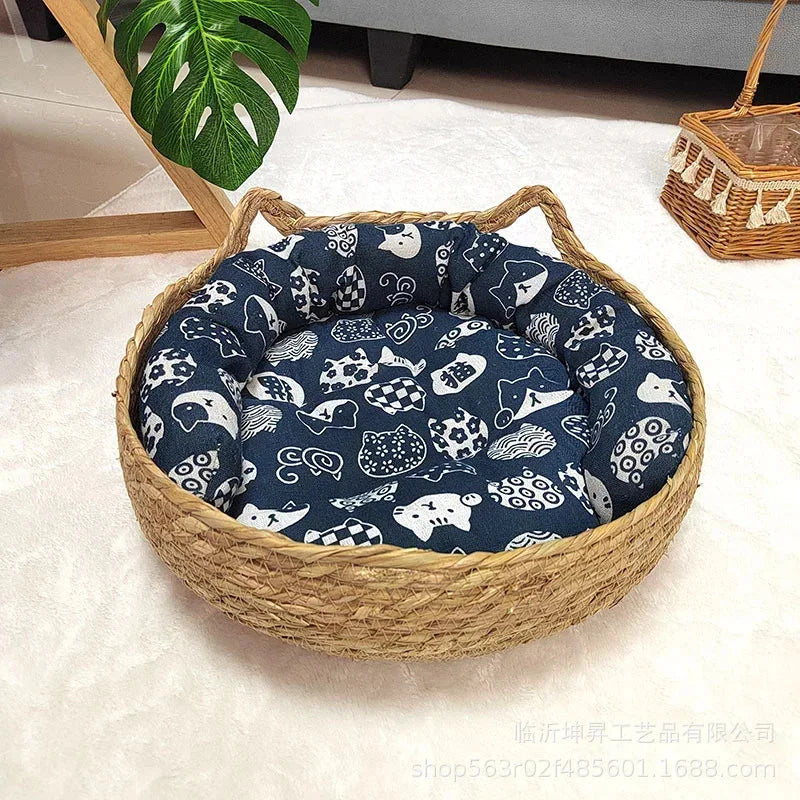 rattan cat basket bed with A6 soft cushion, round donut design cozy sleeping nest for cats and small dogs