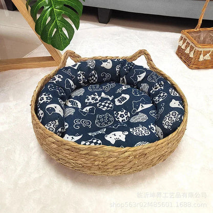 rattan cat basket bed with A6 soft cushion, round donut design cozy sleeping nest for cats and small dogs