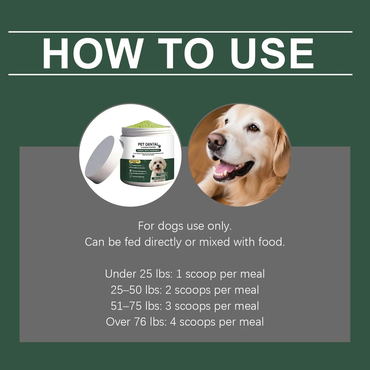 dog teeth cleaning powder how to use guide for dogs, can be mixed with food or fed directly