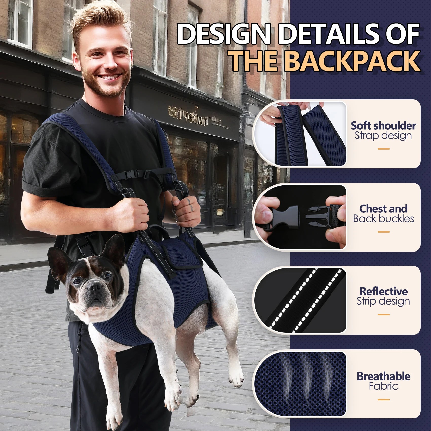 Man wearing a dog backpack carrier with medium large dog, showcasing soft shoulder straps, chest buckles, reflective strip, and breathable fabric