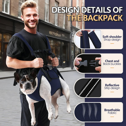 Man wearing a dog backpack carrier with medium large dog, showcasing soft shoulder straps, chest buckles, reflective strip, and breathable fabric