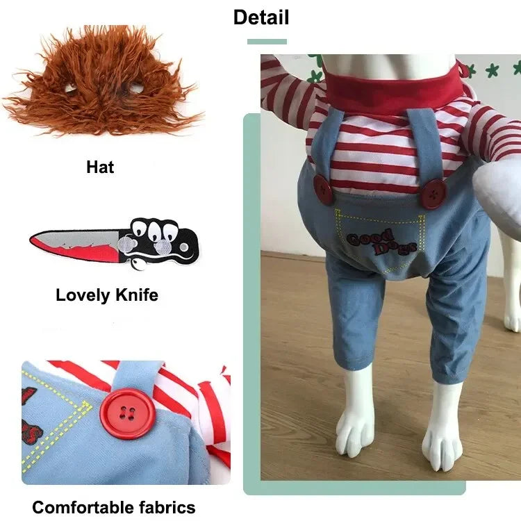 Dog costume set with red wig hat, striped shirt overalls, plush knife, and comfortable fabric details.