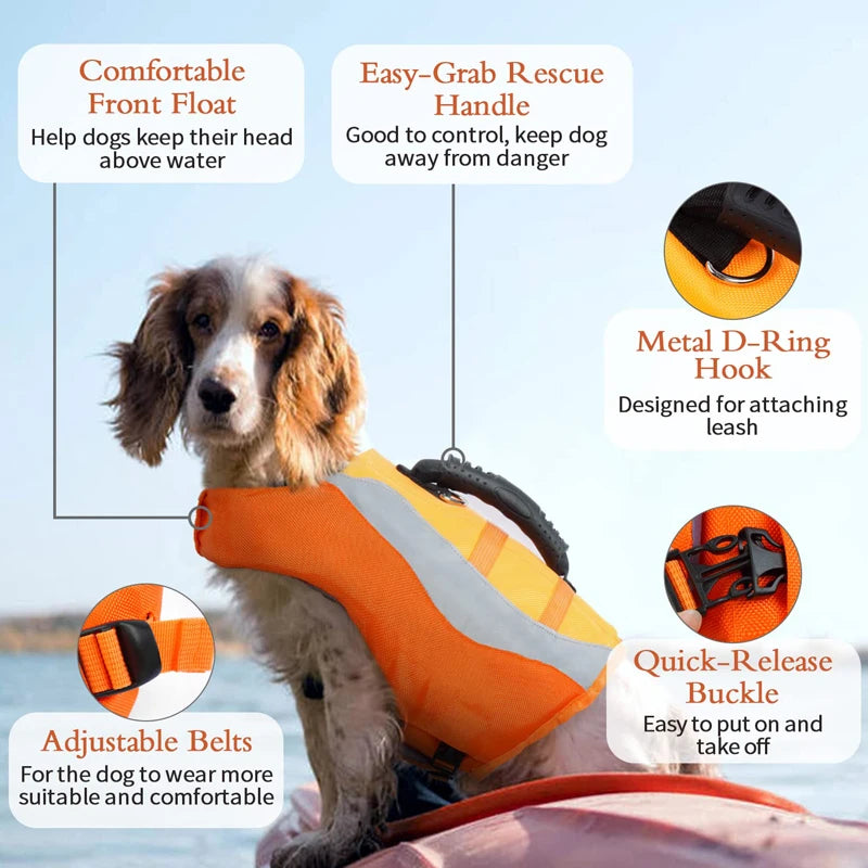 reflective dog life jacket with rescue handle, adjustable belts, leash ring, and quick-release buckle for safe boating and swimming