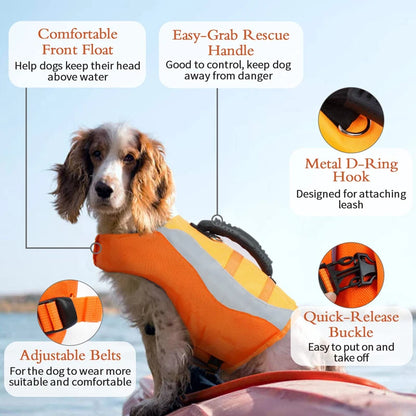 reflective dog life jacket with rescue handle, adjustable belts, leash ring, and quick-release buckle for safe boating and swimming