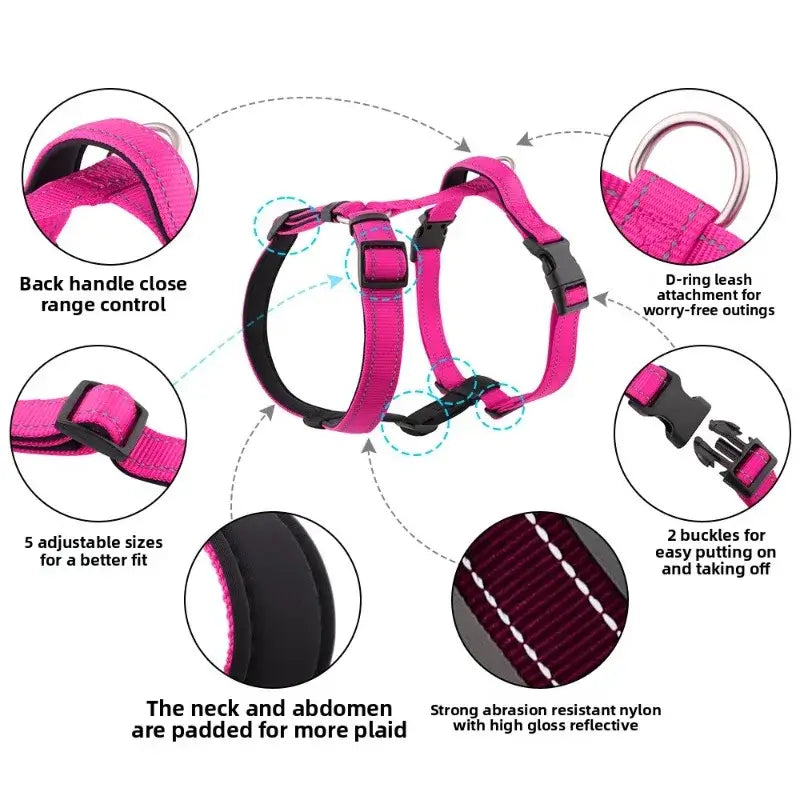 Pink dog harness vest with reflective nylon, padded support, back handle, D-ring leash attachment, and adjustable quick-release buckles