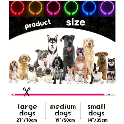 LED dog collar size chart for large, medium, and small dogs, USB rechargeable luminous pet safety collar