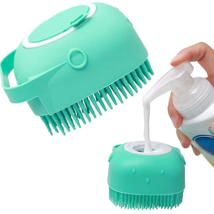 Silicone dog shampoo brush designed for easy shampoo dispensing and grooming, featuring soft silicone bristles for a thorough wash.
