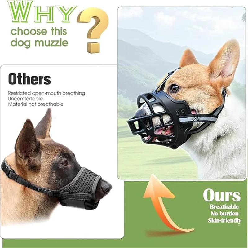 Comparison of two dog muzzles on dogs, highlighting a breathable, skin-friendly basket muzzle.