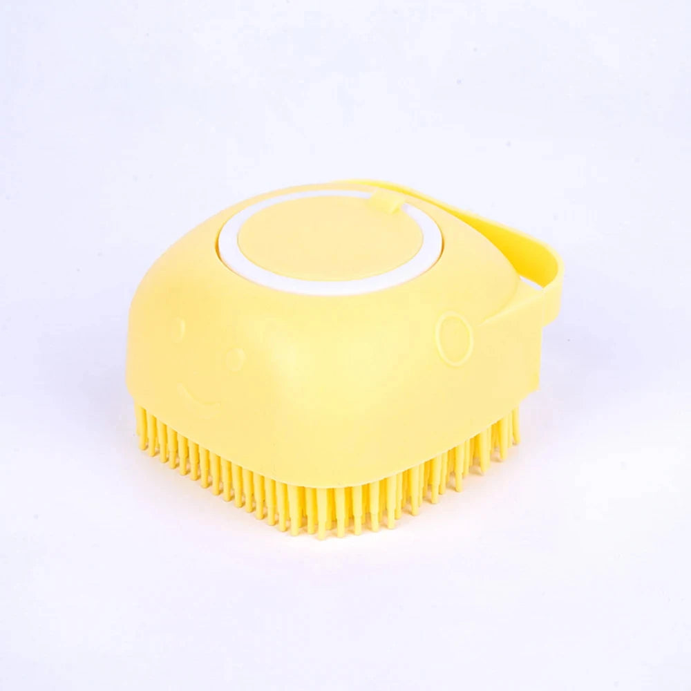 Yellow silicone pet bath massage gloves brush with soft bristles for dogs and cats, compact pet grooming tool