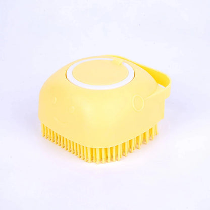 Yellow silicone pet bath massage gloves brush with soft bristles for dogs and cats, compact pet grooming tool