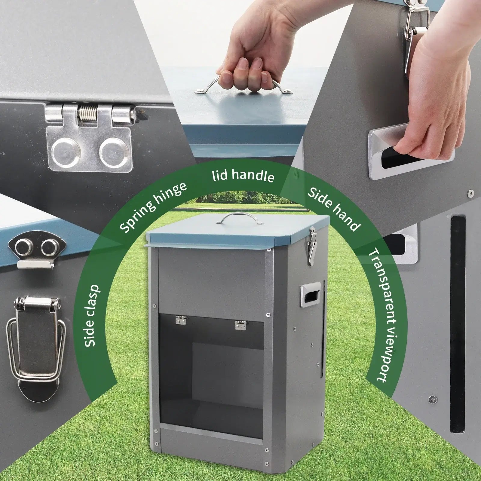 automatic dog feeder with metal lid handle, side hand, spring hinge, transparent viewport, and secure side clasps