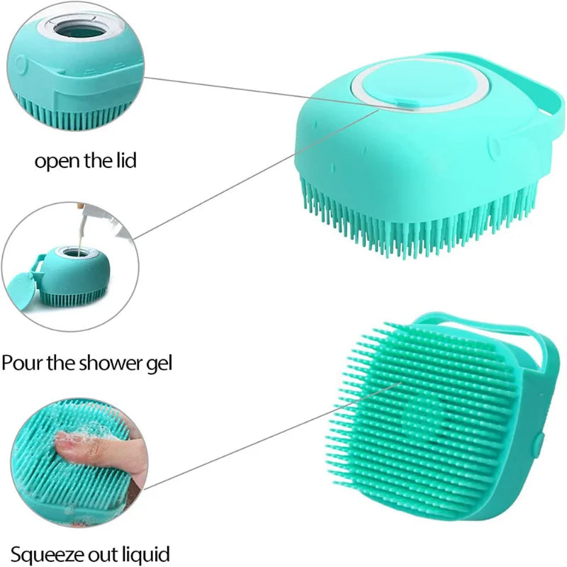Silicone pet bathing brush with lid for shower gel, soft grooming scrubber for dogs and cats, easy liquid dispensing