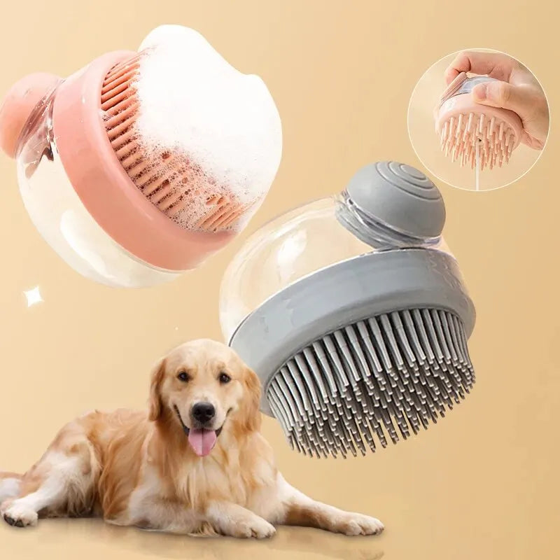 silicone pet bath brush with shampoo dispenser for gentle dog grooming, soft silicone pet cleaning brush