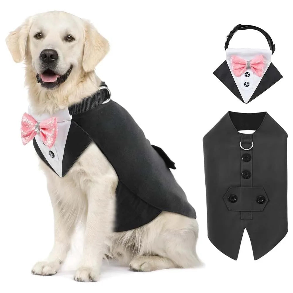 pet tuxedo outfit for dogs, gray formal vest with pink bow tie and matching collar, premium party costume