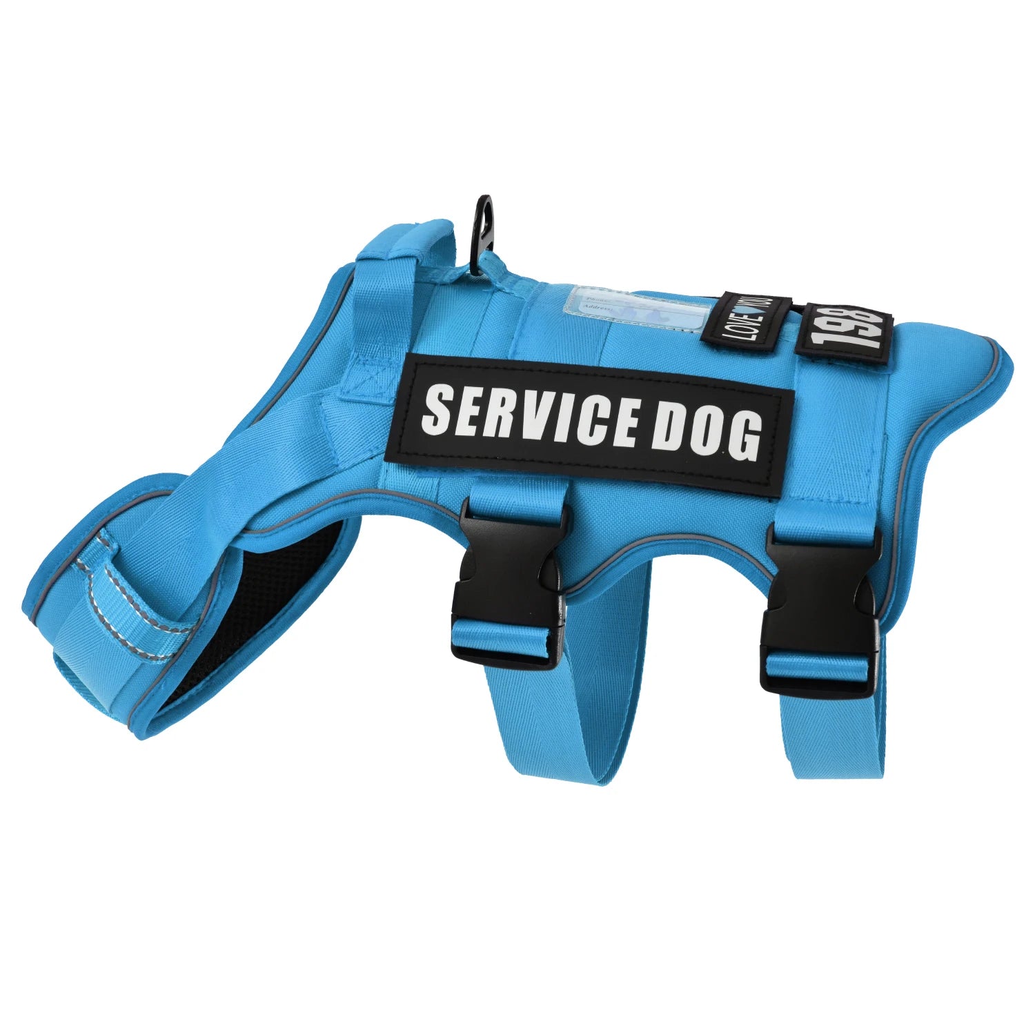 Blue service dog harness with adjustable straps and bold SERVICE DOG label