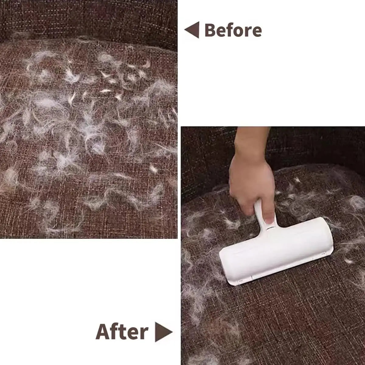 self-cleaning pet hair remover roller removes dog and cat fur from furniture with before and after results