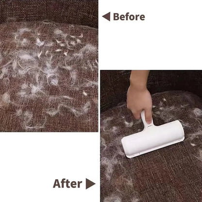 self-cleaning pet hair remover roller removes dog and cat fur from furniture with before and after results