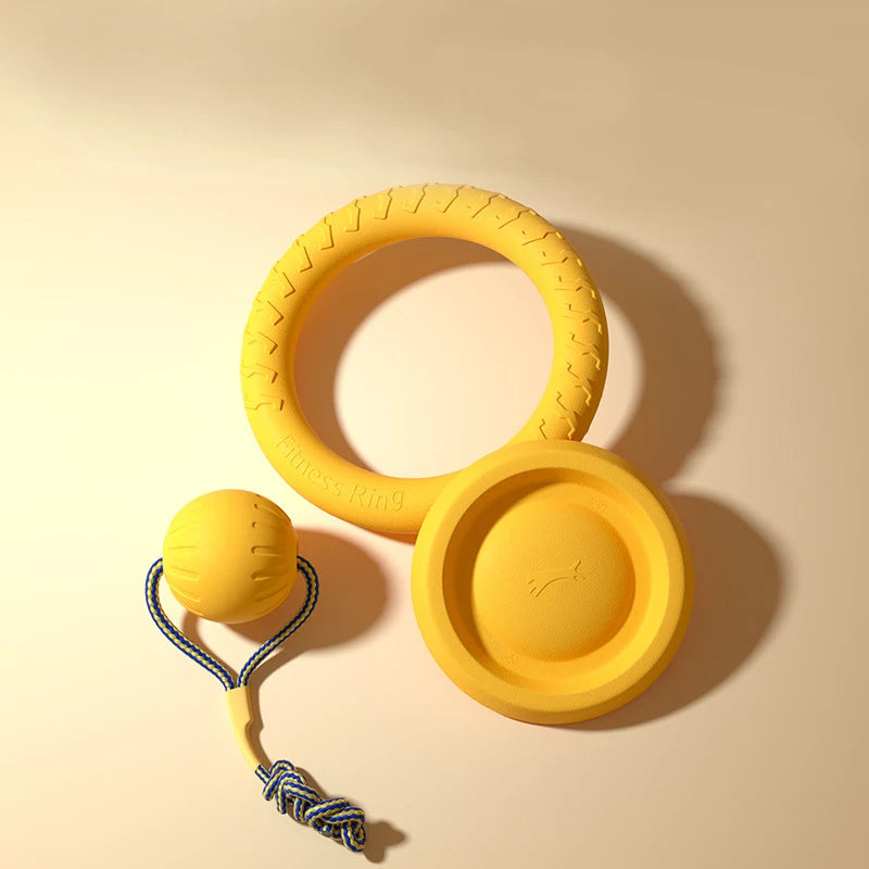 EVA Durable Dog Toys 4 Pack Flying Disc Ball and Tug Rope, durable dog toy set for chewing, ideal for puppies and adult dogs.