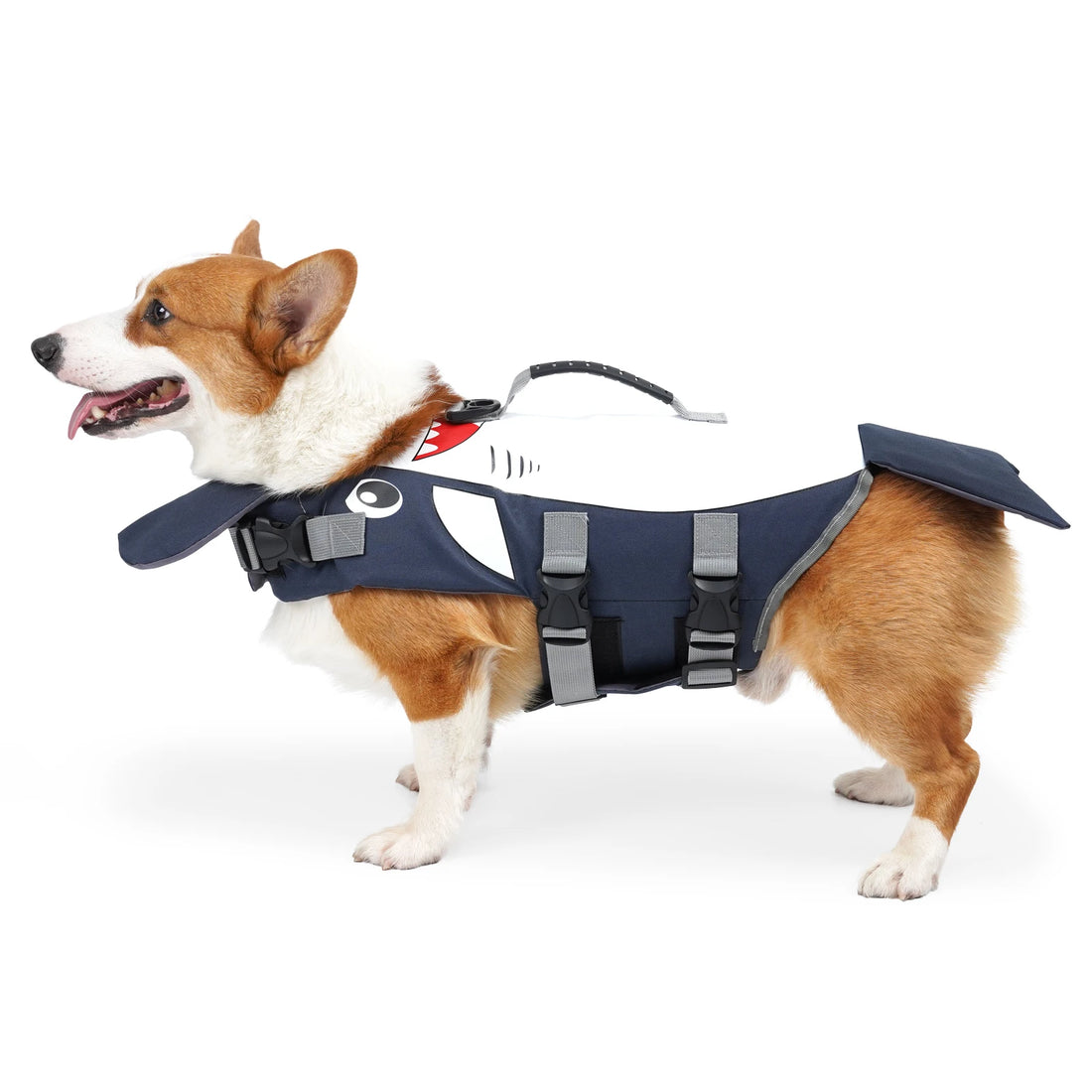shark dog life jacket white adjustable reflective dog swimming safety vest with rescue handle for summer water sports