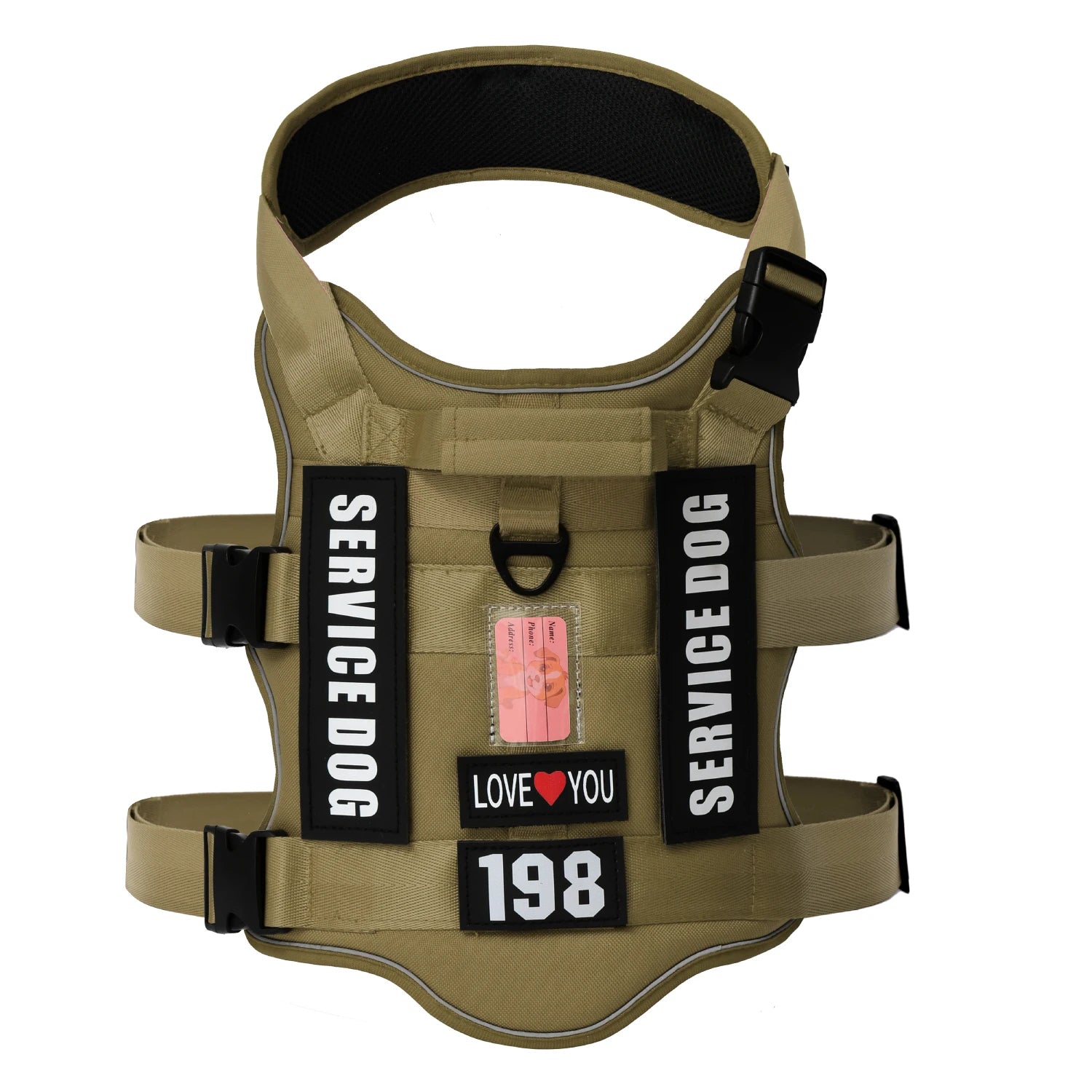 Tan service dog harness vest with adjustable straps, bold SERVICE DOG labels, and ID patch