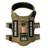Tan service dog harness vest with adjustable straps, bold SERVICE DOG labels, and ID patch