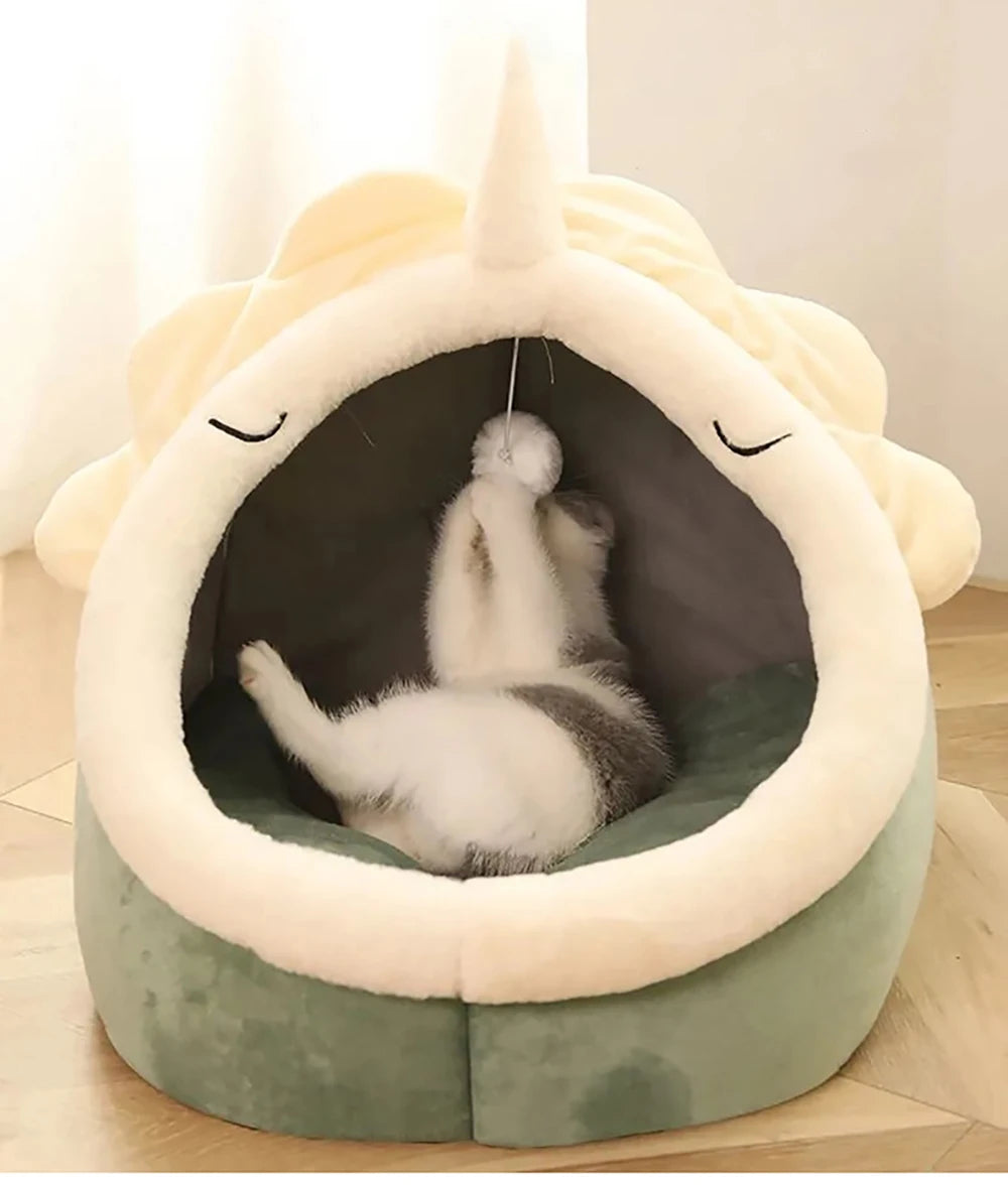 foldable washable cat bed unicorn cave pet bed with fluffy kitten inside, cozy semi-closed sleeping space