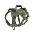 Army green tactical dog harness with quick release, reflective breakaway design, shock-absorbing straps, and durable polyester blend