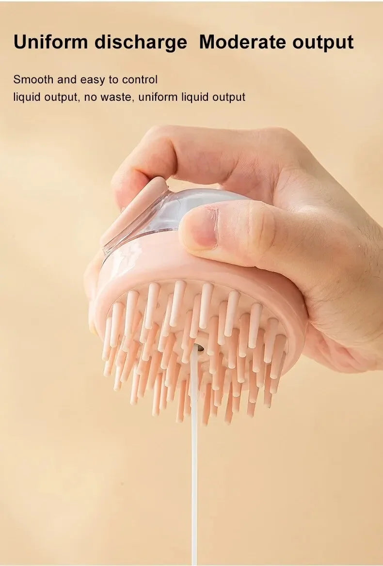 dog shower brush with shampoo dispenser, soft silicone pet grooming brush for long hair dogs and cats, uniform liquid output
