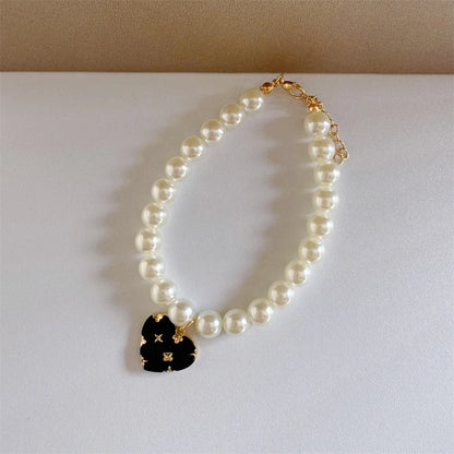 pet pearl necklace collar white pearl dog and cat collar with black heart charm, luxury pet accessory, color 9