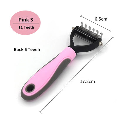 Pink dog deshedding brush with stainless steel teeth, 17.2cm grooming tool for removing pet fur and tangles