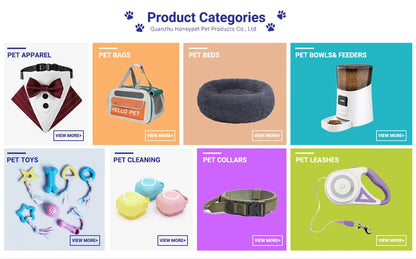 Product Categories of Pet Supplies including Pet Apparel, Bags, Bowls, Feeders, Toys, Cleaning, Collars, and Leashes.