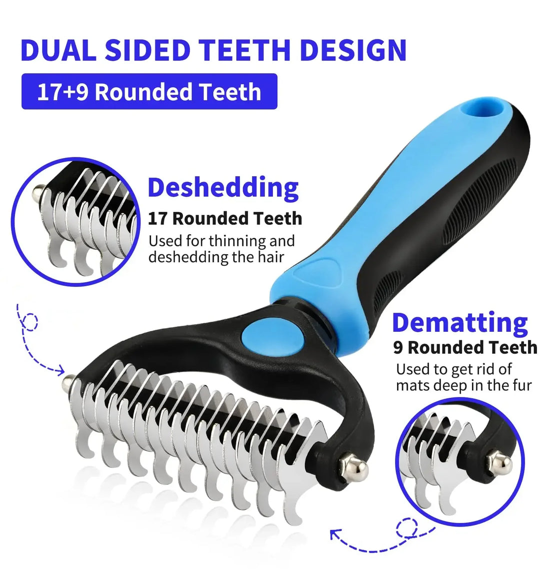 dog deshedding brush with dual-sided stainless steel teeth for shedding and dematting pet fur