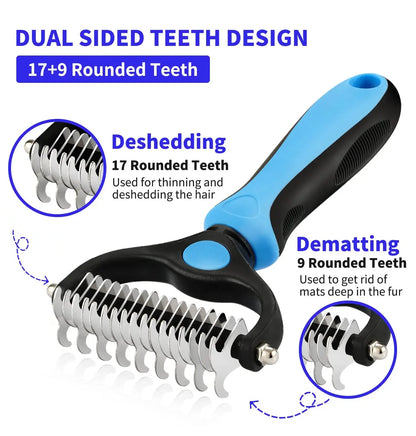 dog deshedding brush with dual-sided stainless steel teeth for shedding and dematting pet fur