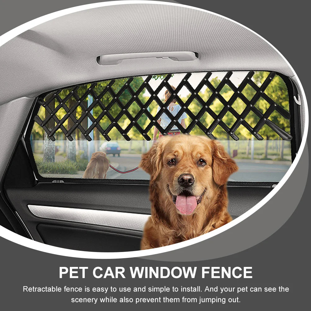 Cat Doorway Barrier Car Outdoor Dog Fence Pet Travel Window Protection Mesh Metal with a golden retriever in a car
