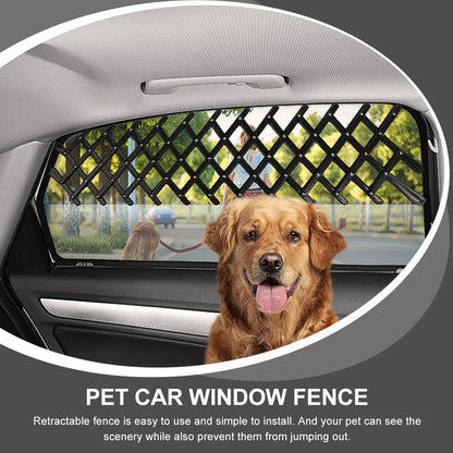 Cat Doorway Barrier Car Outdoor Dog Fence Pet Travel Window Protection Mesh Metal with a golden retriever in a car