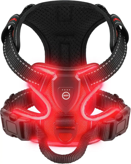 LED dog harness for night walking red rechargeable nylon vest harness with three light modes for dog walking safety