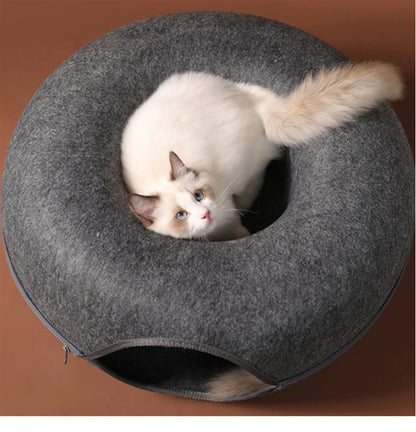 round cat tunnel bed for cats, donut felt nest bed with cozy tunnel opening for resting, hiding, and play