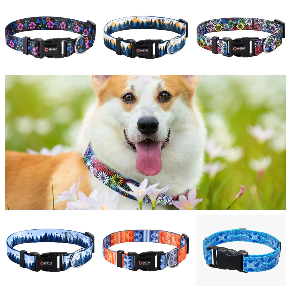 adjustable nylon dog collar with colorful printed patterns and metal D ring for medium and large dogs