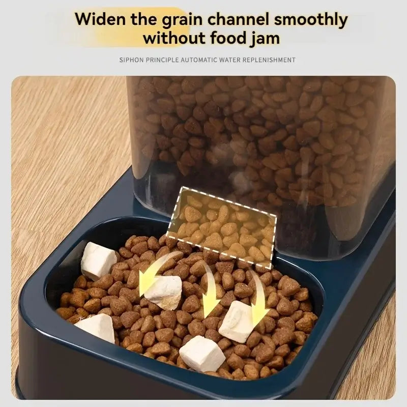 automatic pet feeder with water dispenser for cats and dogs, battery-free design, smooth grain channel prevents food jams