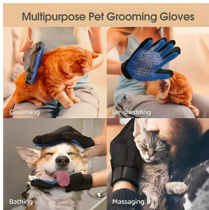 Pet hair remover glove for grooming, deshedding, bathing, and massaging cats and dogs with a silicone pet grooming glove