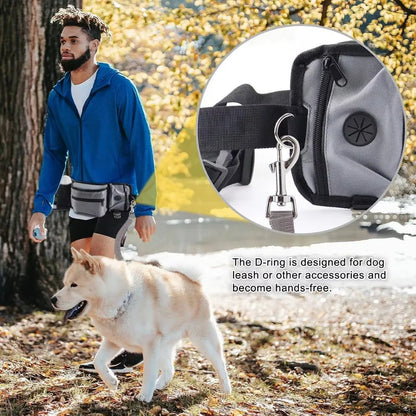 Dog Training Walking Bag Hand Free Treat Pouch Running Waist Bag Pet Puppy Train Snack Feeder Pocket Dog Bowls Water Cup Bags in use outdoors.